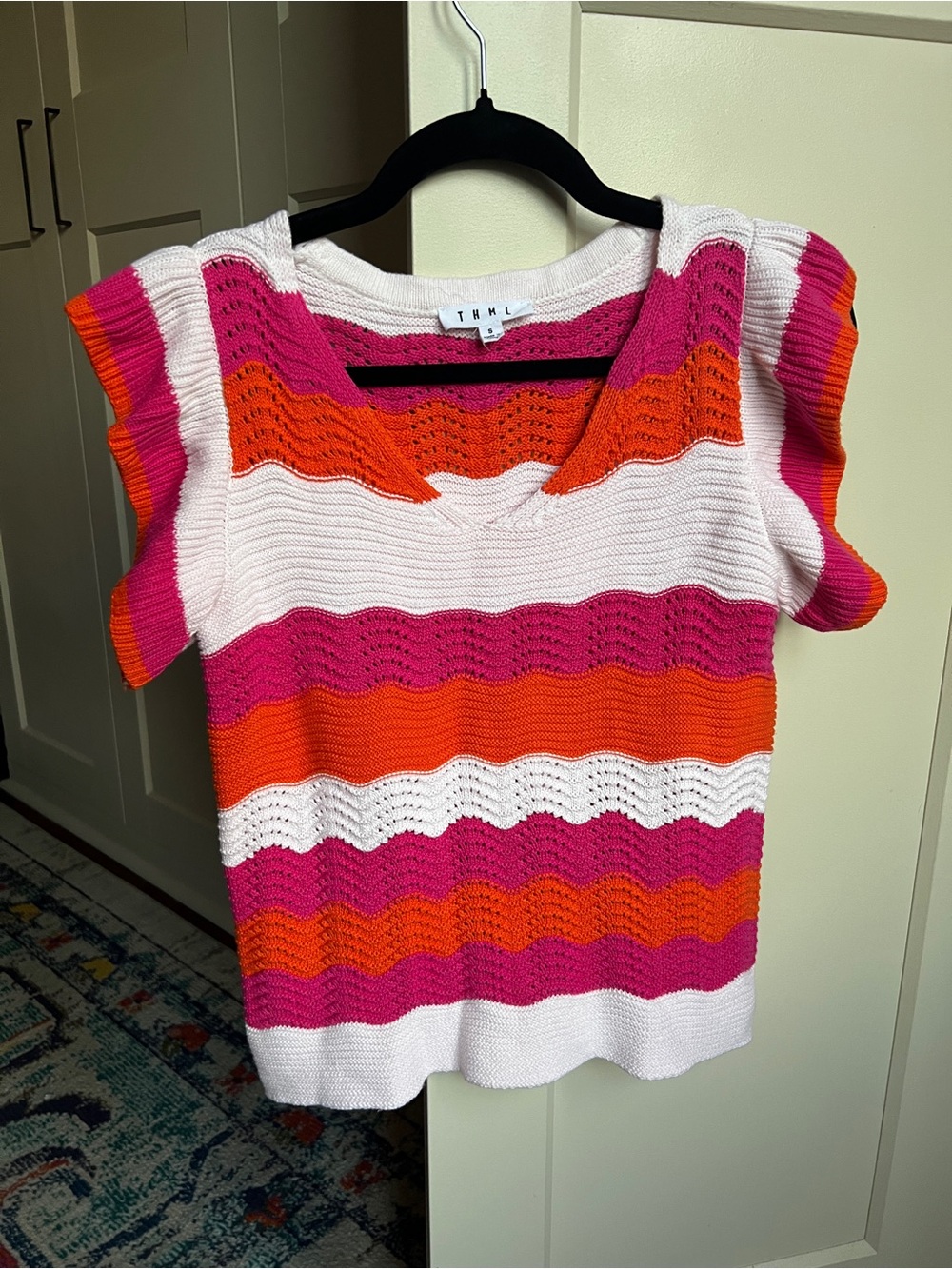 THML Crochet Pointelle Knit Ruffle Sleeve Top Pink Orange Chevron Size S